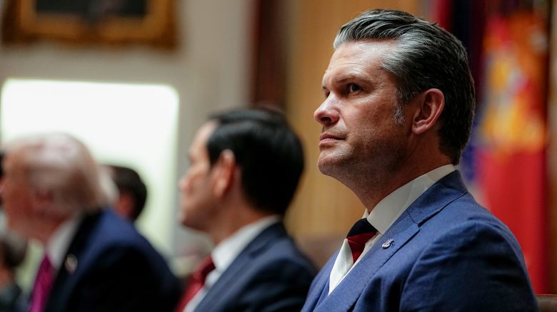 Pete Hegseth, US secretary of defense, during a meeting with US President Donald Trump and Ukrainian President Volodymyr Zelenskiy, not pictured, in the Cabinet Room of the White House in Washington, DC, US, on Friday, Oct. 17, 2025. Zelenskiy will be meeting the US leader at the White House on Friday to discuss air defense, long-range weaponry and urgent energy assistance as Moscow intensifies strikes on its water and gas infrastructure before winter.