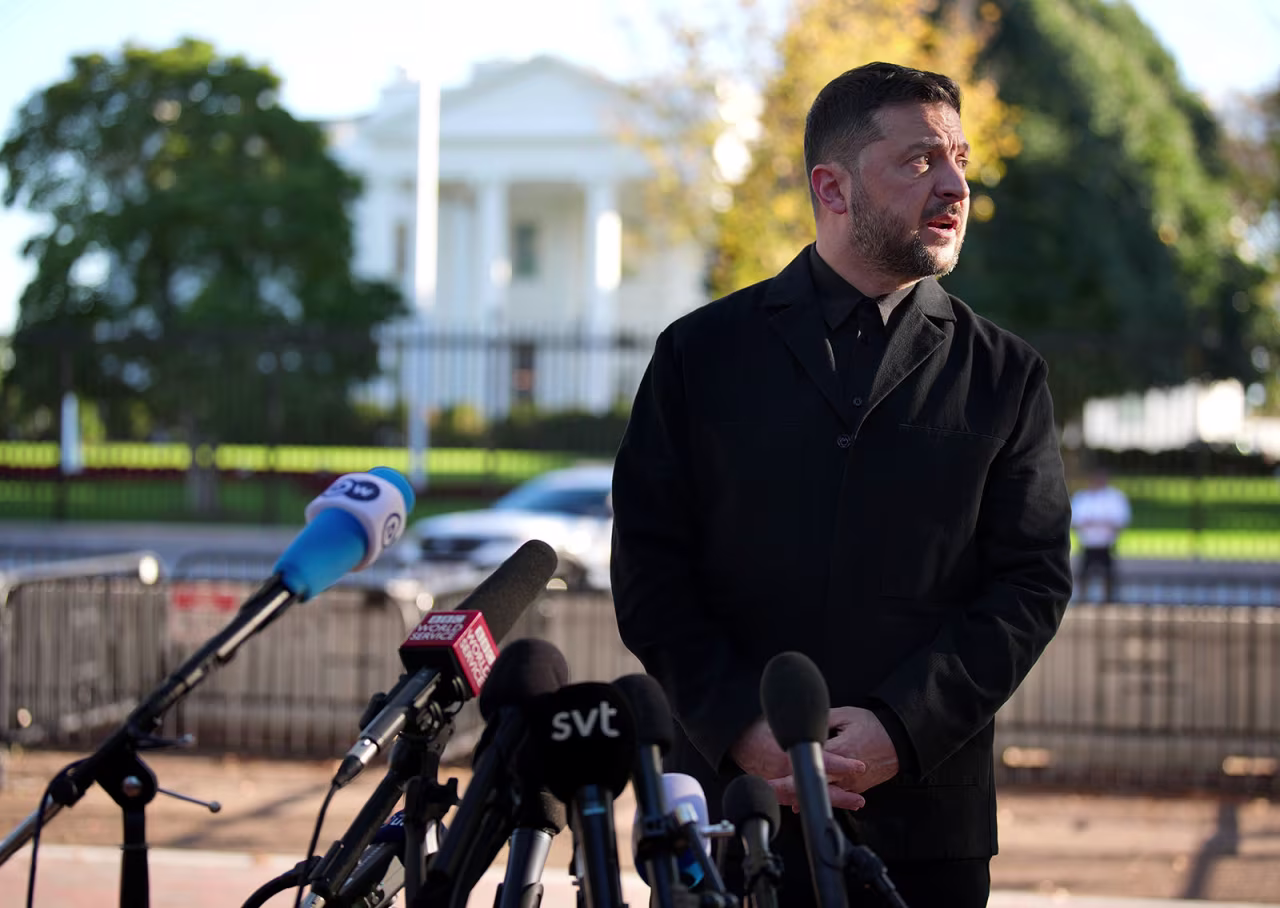 Ukrainian President Volodymyr Zelensky speaks during a news conference in Lafayette Park outside the White House on Friday.