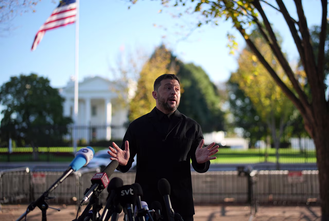 Ukrainian President Volodymyr Zelensky speaks during a news conference in Lafayette Park outside the White House on Friday.