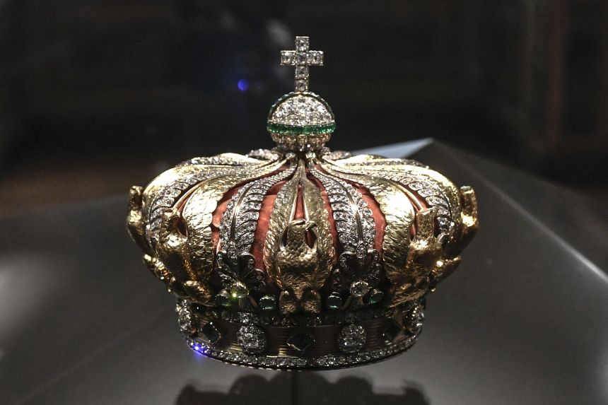 Empress Eugénie's crown is displayed at the Apollo Gallery in the Louvre museum in Paris on January 14, 2020.