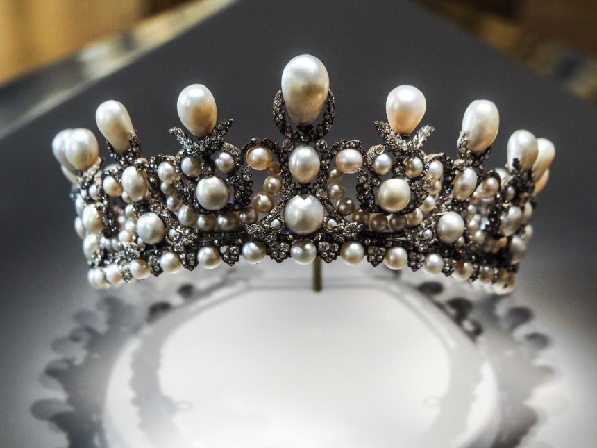 Empress Eugénie's diadem of pearls exhibited at the Apollo Gallery in the Louvre museum in Paris on May 20, 2021.