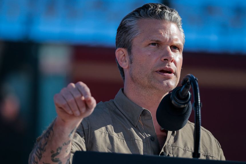 Pete Hegseth speaks at the United States Marine Corps 250th birthday celebration at Marine Corps Base Camp Pendleton on October 18, in Oceanside, California.