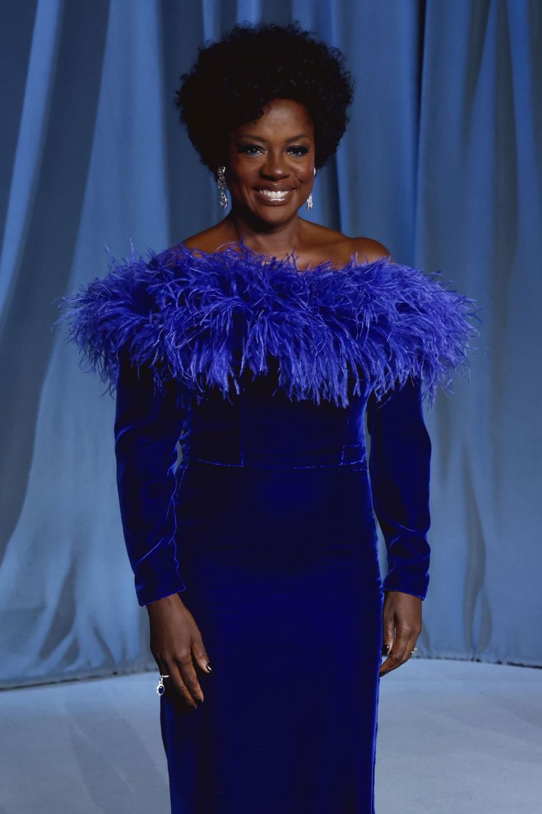 Viola Davis wore a luxurious feather-trimmed velvet gown from Gucci to the Academy Museum Gala in LA.