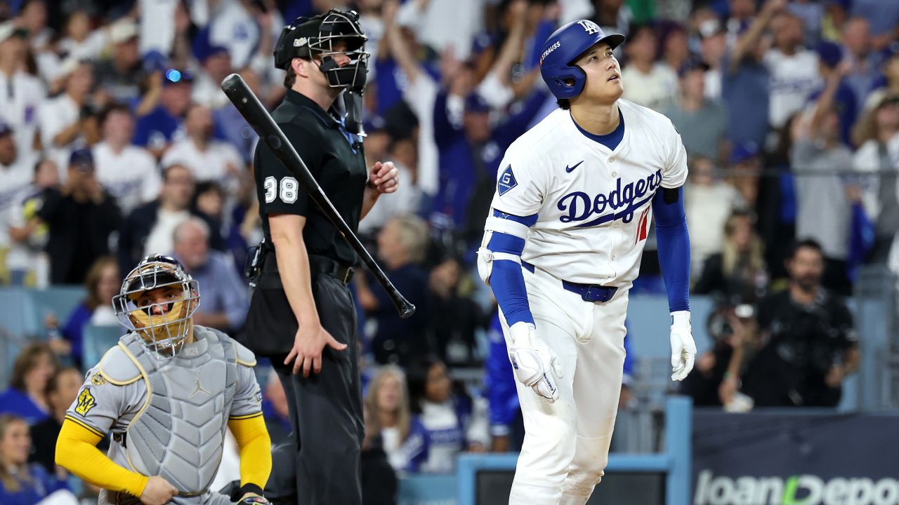 LOS ANGELES, CALIFORNIA - OCTOBER 17: Shohei Ohtani #17 of the Los Angeles Dodgers looks on after hitting a home run in the fourth inning against the Milwaukee Brewers in game four of the National League Championship Series at Dodger Stadium on October 17, 2025 in Los Angeles, California. (Photo by Sean M. Haffey/Getty Images)