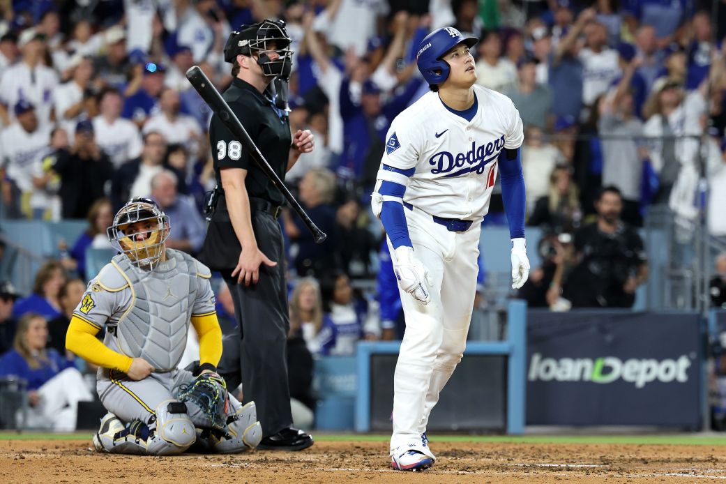 Los Angeles Dodgers star Shohei Ohtani watches one of his three home runs in Game 4 of the National League Championship Series.