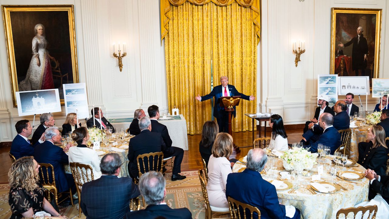 President Donald Trump delivers remarks during a ballroom fundraising dinner in the East Room of the White House on October 15.
