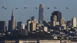 An aerial view of the San Francisco skyline in Sausalito, California on October 20, 2025.