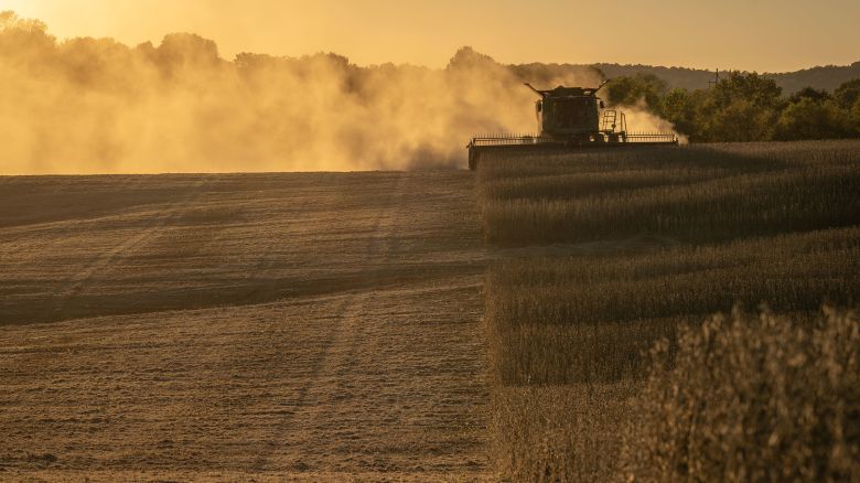 A combine harvests soybeans in Marion, Kentucky, on October 14.