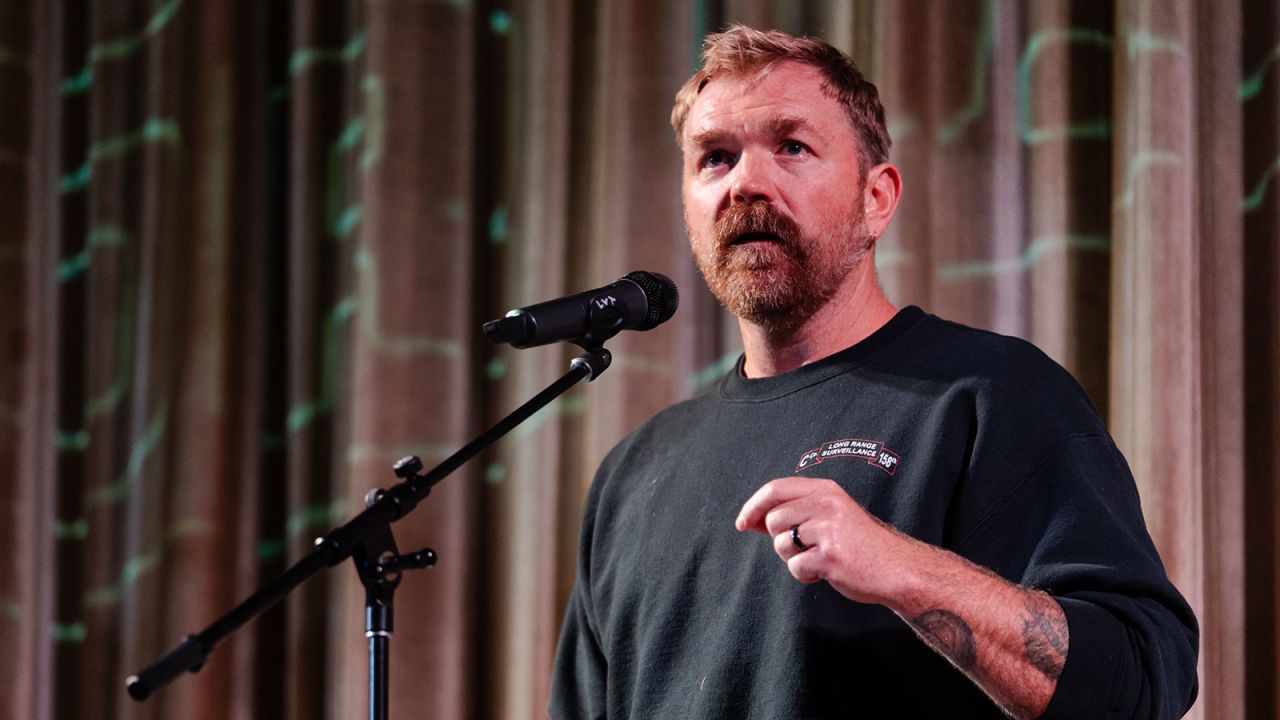 US senatorial candidate from Maine, Graham Platner, speaks at a town hall at the Leavitt Theater on Wednesdaym, October 22, in Ogunquit, Maine. Platner, a veteran of the U.S. Marines and an oyster farmer, is running for the seat held by Sen. Susan Collins .