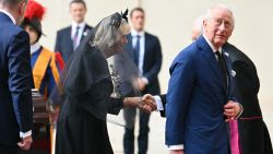 Britain's King Charles III and Britain's Queen Camilla arrive at San Damaso courtyard upon a meeting with Pope Leo XIV in the Vatican on October 23, 2025. (Photo by Alberto PIZZOLI / AFP) (Photo by ALBERTO PIZZOLI/AFP via Getty Images)