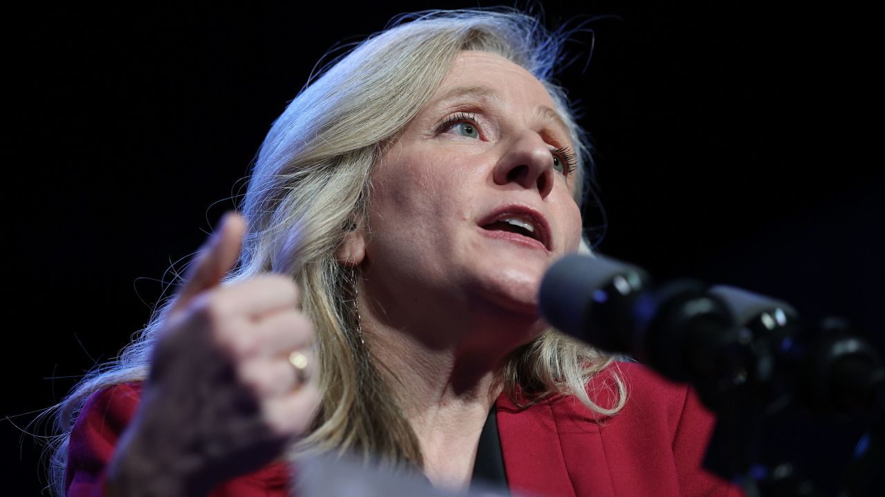 Virginia Democratic gubernatorial candidate Abigail Spanberger speaks during a campaign rally in Charlottesville, Virginia, on October 20, 2025.
