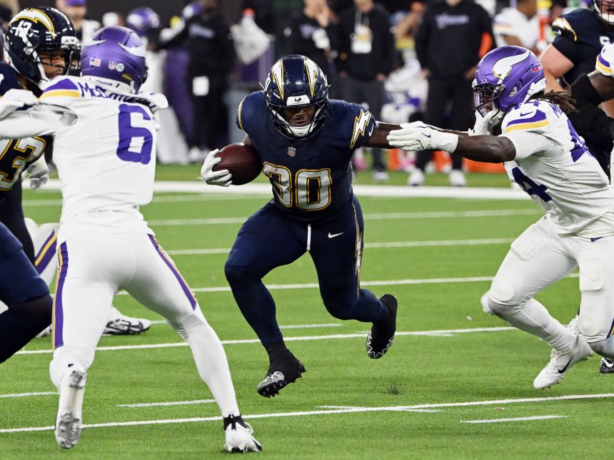 Vidal (No. 30) has stepped up for the Chargers after injuries to other running backs and, on Thursday, he had his second outing of 100+ rushing yards in the last three games.