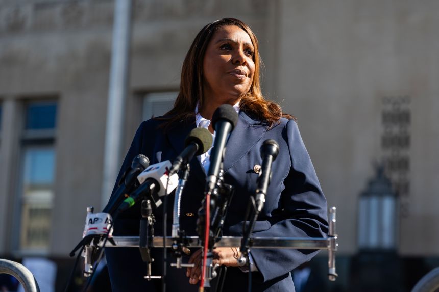 Letitia James, New York's attorney general, speaks outside federal court in Norfolk, Virginia, US, on Friday, October 24, 2025.