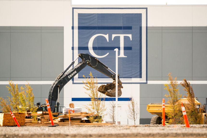 Heavy machinery at Anduril Industries Inc.'s Arsenal I factory under construction in Columbus, Ohio, on October 23, 2025.