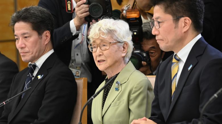 Sakie Yokota (center) appeals to Prime Minister Sanae Takaichi for the resolution of the abduction issue, alongside Takuya Yokota (right), head of the Families Association, and Tetsuya Yokota (left), deputy secretary-general of the Families Association in Tokyo, on October 23, 2025.