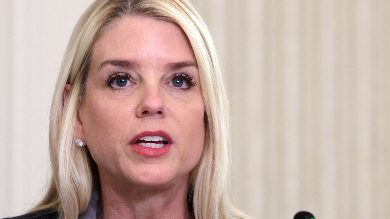 US Attorney General Pam Bondi delivers remarks as US President Donald Trump delivers an announcement on his Homeland Security Task Force in the State Dining Room of the White House in Washington, DC on October 23, 2025.