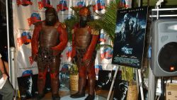 Actor Isaac Singleton, in Gorilla Warrior costume and makeup, presented an Apes Commander costume from the 20th Century Fox film 'Planet Of The Apes' to Planet Hollywood in Planet Hollywood's New York, NY Times Square location today. August 9, 2001. Photo by Gabe Palacio/ImageDirect