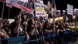 Israelis gather at Hostages Square in Tel Aviv to demand the return of the hostage bodies still held in Gaza on Sunday, October 26.