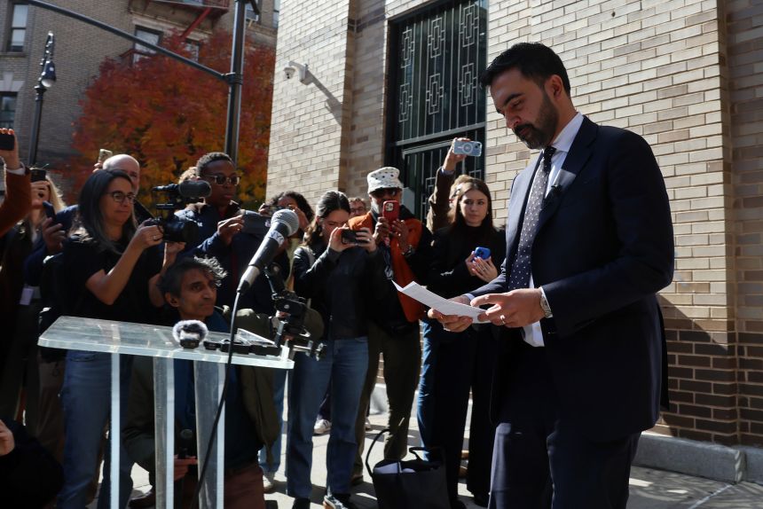 Zohran Mamdani speaks outside the Islamic Cultural Center of the Bronx in New York on October 24, 2025.