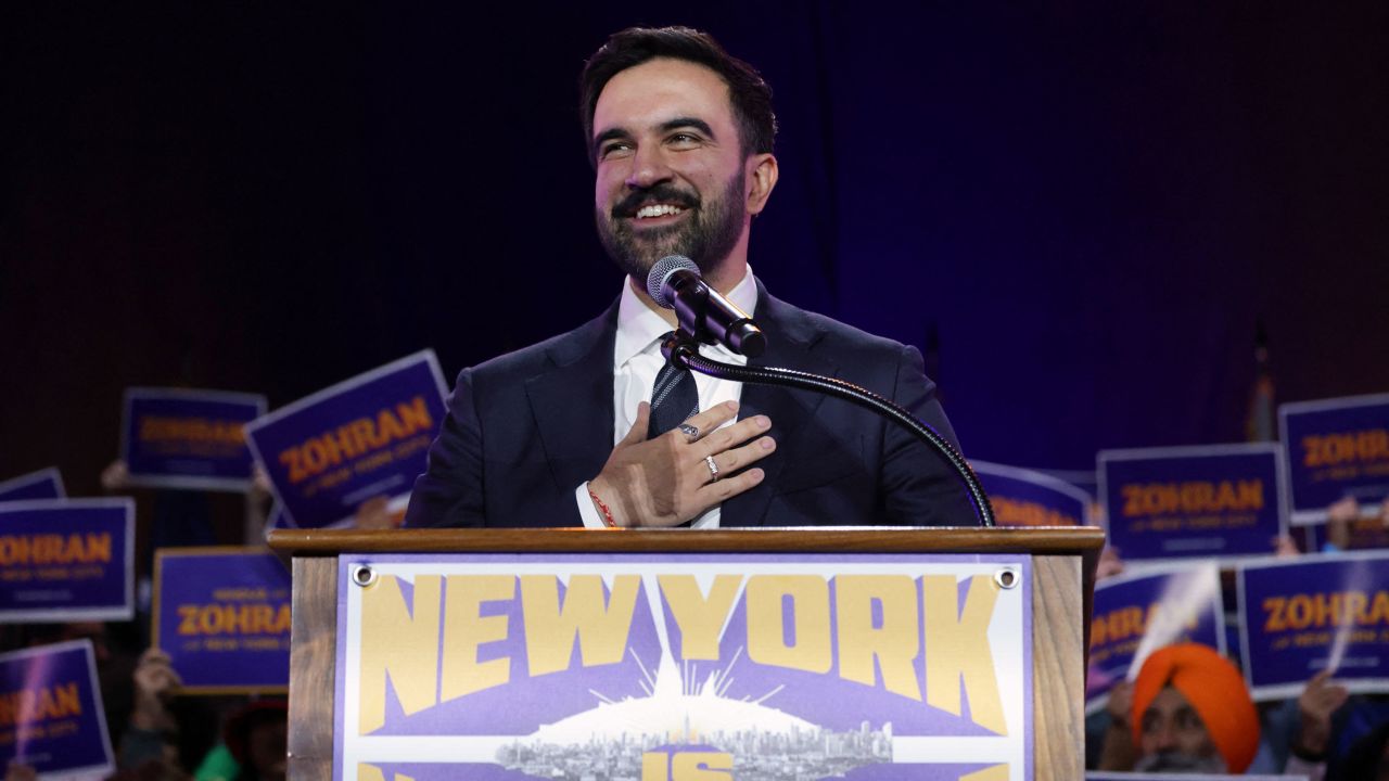 New York City mayoral candidate Zohran Mamdani speaks during a campaign rally in Queens on October 26, 2025.