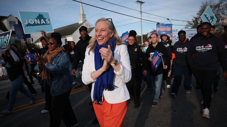 Virginia Democratic gubernatorial candidate Abigail Spanberger walks in the Virginia State University annual Homecoming Parade in Petersburg, Virginia, while campaigning on October 25, 2025.
