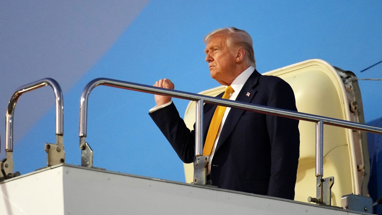 US President Donald Trump disembarks Air Force One on arrival at Haneda Airport in Tokyo, Japan, on October 27, 2025.