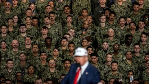 President Donald Trump delivers a speech to US Navy personnel on board the USS George Washington aircraft carrier in Yokosuka, Japan, on Tuesday.