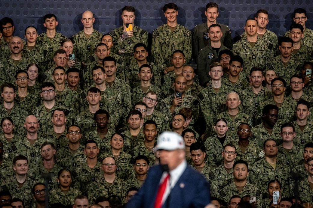 President Donald Trump delivers a speech to US Navy personnel on board the USS George Washington aircraft carrier in Yokosuka, Japan, on Tuesday.