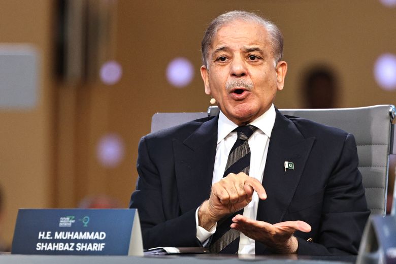 Pakistan's Prime Minister Shahbaz Sharif speaks during the Future Investment Initiative (FII) conference in Riyadh on October 28, 2025.