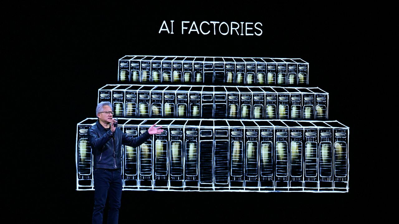 NVIDIA CEO Jensen Huang speaks during the Live Keynote Pregame during the Nvidia GTC (GPU Technology Conference) in Washington, DC, on October 28, 2025.