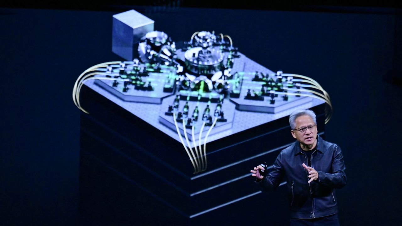 Nvidia CEO Jensen Huang speaks during the Nvidia GTC technology conference in Washington, DC, on October 28, 2025.