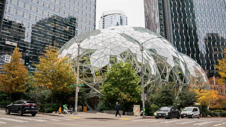 The Amazon headquarters in the South Lake Union neighborhood of Seattle, Washington, US, on Tuesday, Oct. 28, 2025. Amazon.com Inc. plans to eliminate roughly 14,000 corporate jobs just months after CEO Andy Jassy warned that AI will shrink the company's workforce.