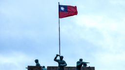 Statues of soldiers on the Bada Tower are seen in Kinmen, Taiwan, on October 28, 2025.