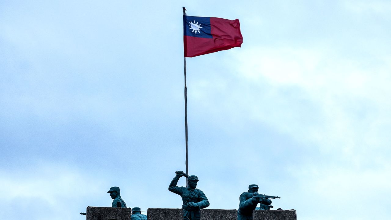 Statues of soldiers on the Bada Tower are seen in Kinmen, Taiwan, on October 28, 2025.