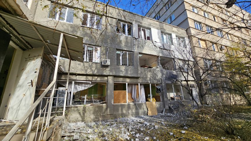 The aftermath of a Russian strike on a children's hospital in the Dnipro district of Kherson, Ukraine on October 29, 2025.