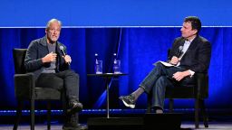 Jon Stewart talks with David Remnick about the future of his career and the fight over misinformation during The 2025 New Yorker Festival on October 26, 2025, in New York.
