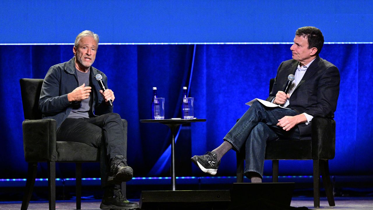 Jon Stewart talks with David Remnick about the future of his career and the fight over misinformation during The 2025 New Yorker Festival on October 26, 2025, in New York.