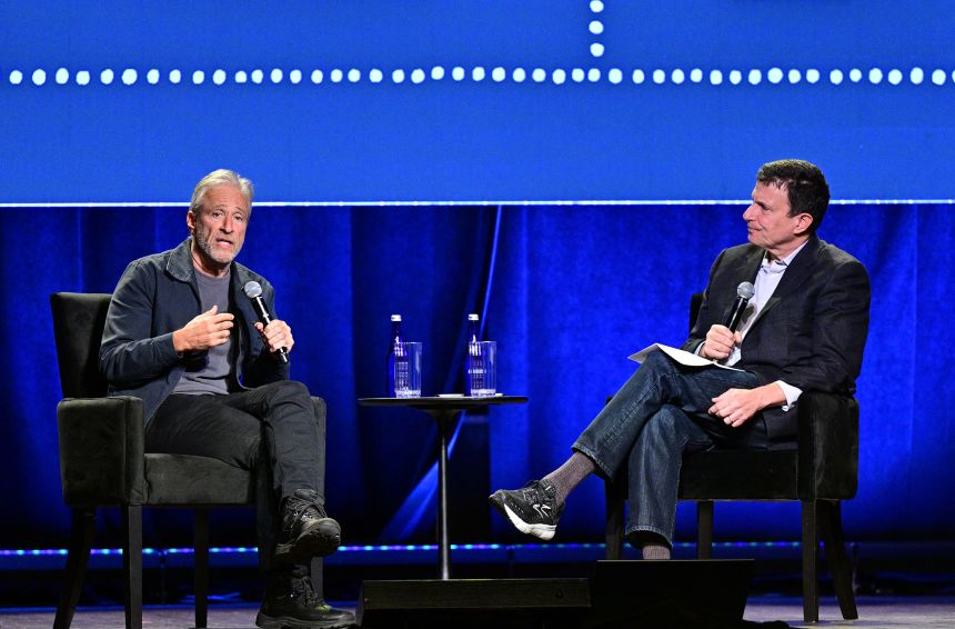 Jon Stewart talks with David Remnick about the future of his career and the fight over misinformation during The 2025 New Yorker Festival on October 26, 2025, in New York.