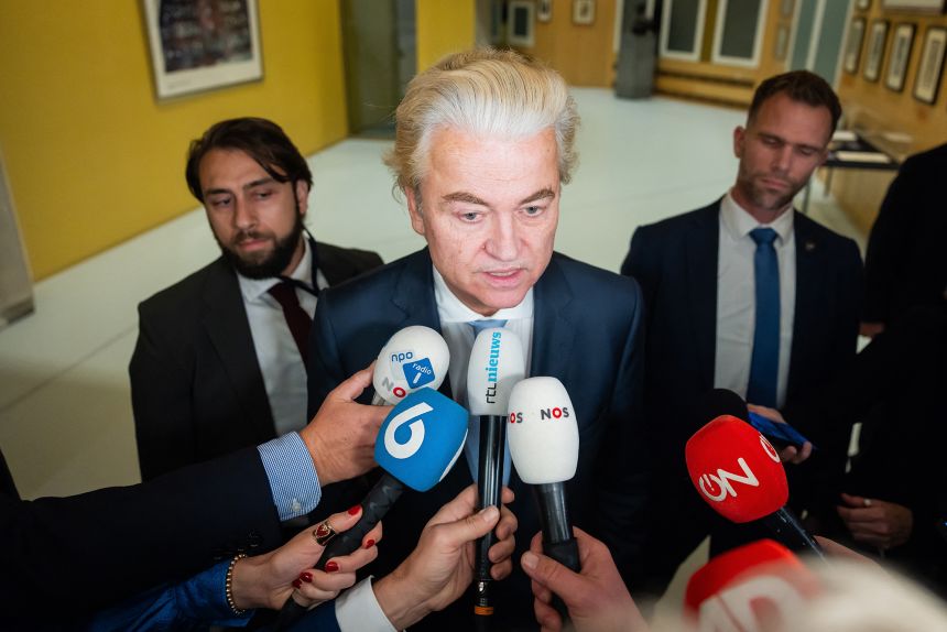 Leader of the PVV (The Party for Freedom) Geert Wilders responds to the results of the exit poll for the Dutch parliamentary elections during a results evening of the party in The Hague.