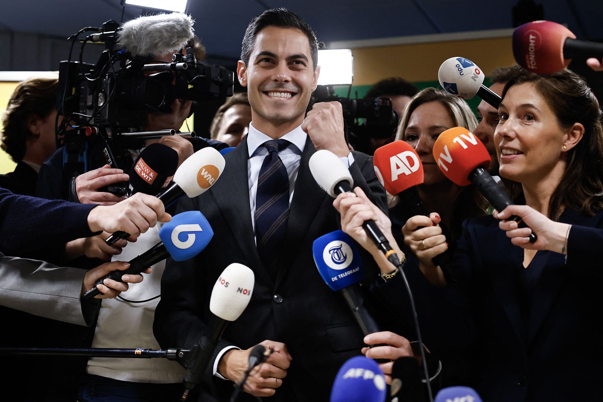 Leader of D66 Rob Jetten raises his fist as he delivers remarks to journalists at the Lower House, in The Hague, Netherlands, on Thursday, October 30.