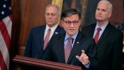 Flanked by House Majority Leader Steve Scalise, left, and Majority Whip Tom Emmer, right, Speaker of the House Mike Johnson talks to reporters on the 27th day of the federal government shutdown in the Rayburn Room at the U.S. Capitol on October 27, 2025 in Washington, DC. While keeping his party's members out of session during the shutdown, Johnson blamed Democratic lawmakers for the continued shutdown.