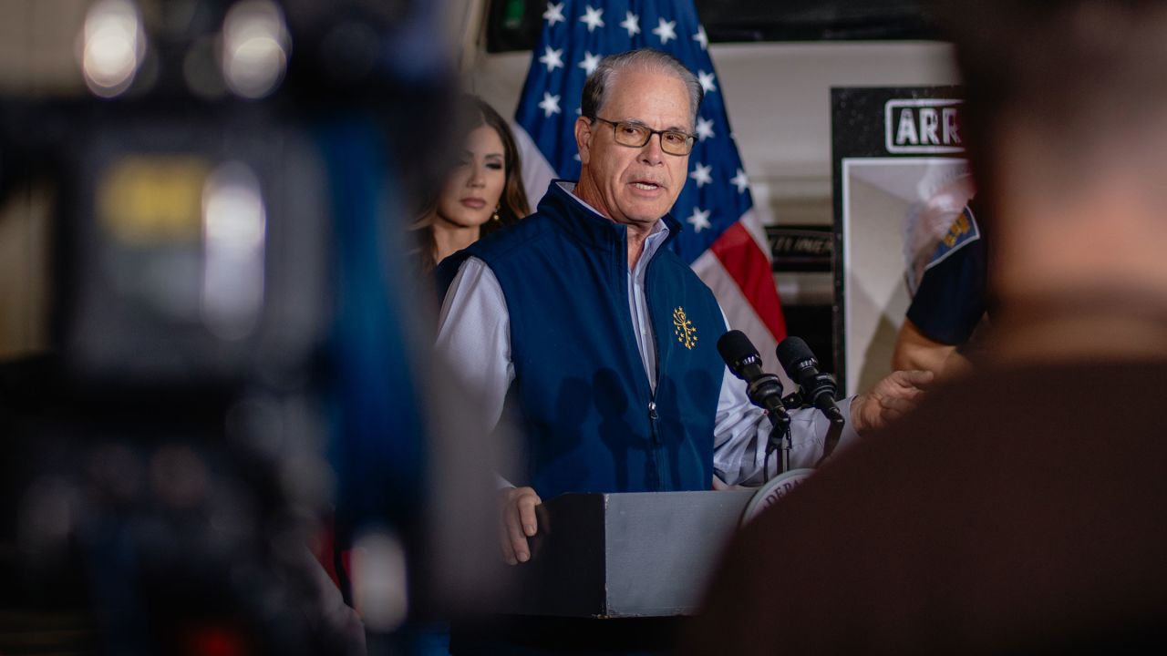 Indiana Gov. Mike Braun speaks during a press conference in Gary, Indiana, on October 30, 2025.