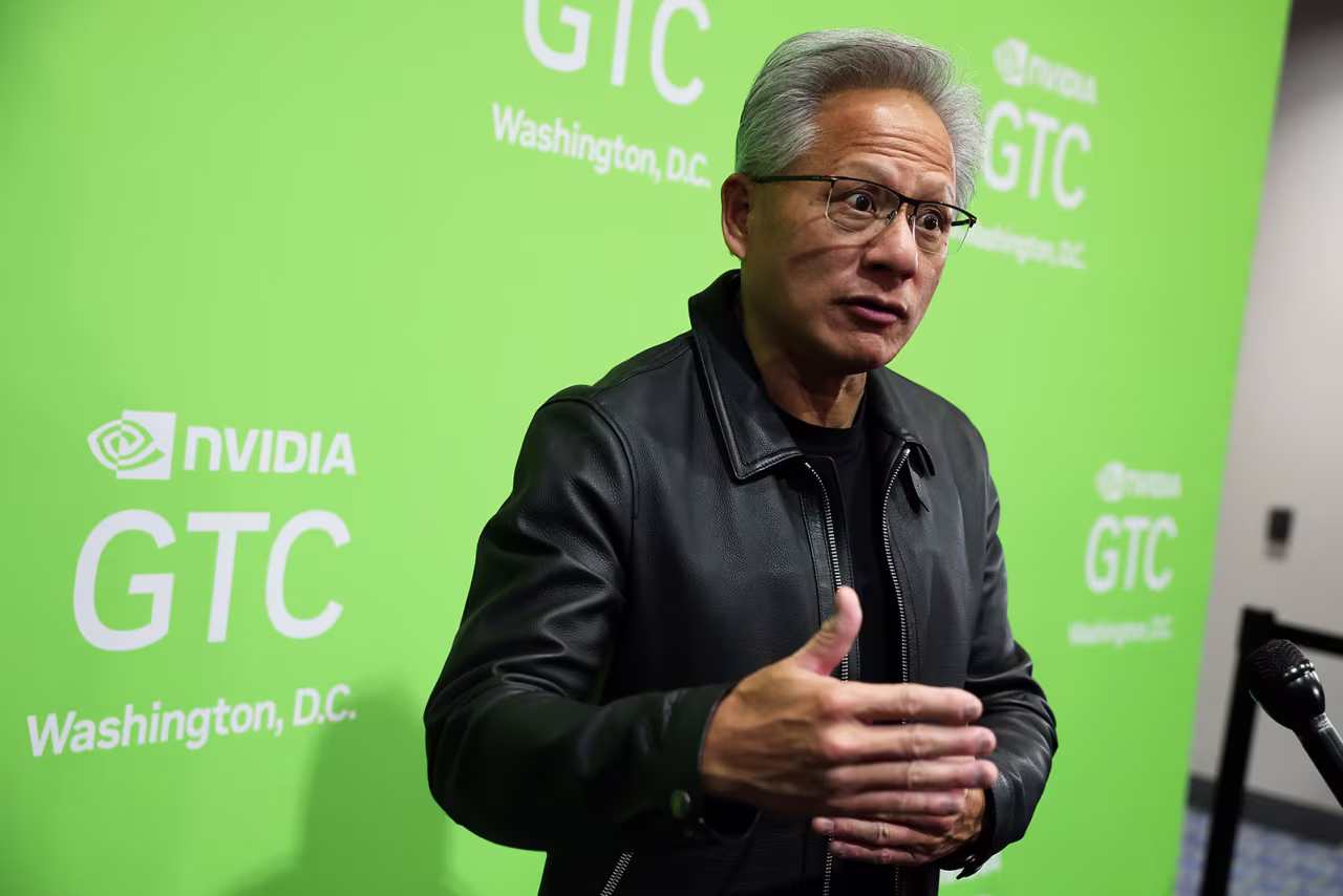 Nvidia President and CEO Jensen Huang speaks to the media during the Nvidia GTC on Tuesday, in Washington, DC.