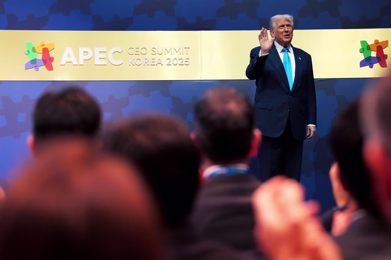 US President Donald Trump reacts as he prepares to deliver remarks during the APEC CEOs Luncheon at the Gyeongju Arts Center in Gyeongju, South Korea, on Wednesday.
