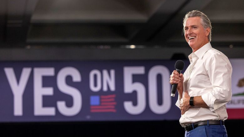 California Gov. Gavin Newsom speaks at a "Yes On Prop 50" volunteer event at the LA Convention Center in Los Angeles on November 1, 2025.
