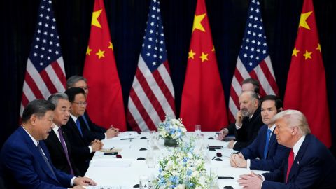 US President Donald Trump speaks with Chinese President Xi Jinping during a bilateral meeting at Gimhae Air Base in Busan, South Korea, on October 30, 2025.