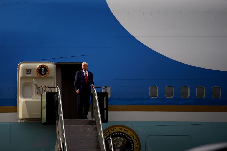 President Donald Trump boards Air Force One following a bilateral meeting with Chinese President Xi Jinping in Gyeongju, South Korea, on October 30, 2025, capping off a week-long tour of Asia.