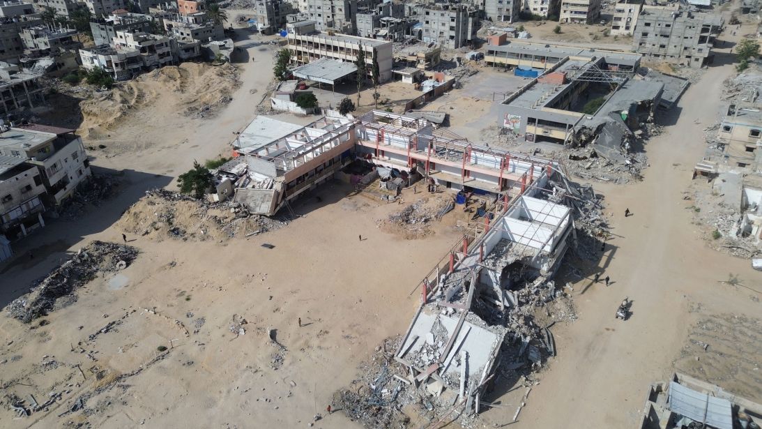 An aerial view shows the destruction of educational institutions in the Gaza Strip on November 2, 2025.