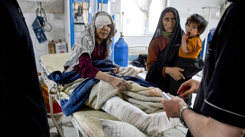 An Afghan injured woman receives treatment at a hospital in the aftermath of an earthquake, that struck overnight in Mazar-i-Sharif on November 3, 2025.
