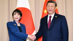 Japanese Prime Minister Sanae Takaichi and Chinese President Xi Jinping shake hands prior to their meeting on the sidelines of the APEC Summit in Gyeongju, South Korea on October 31, 2025.